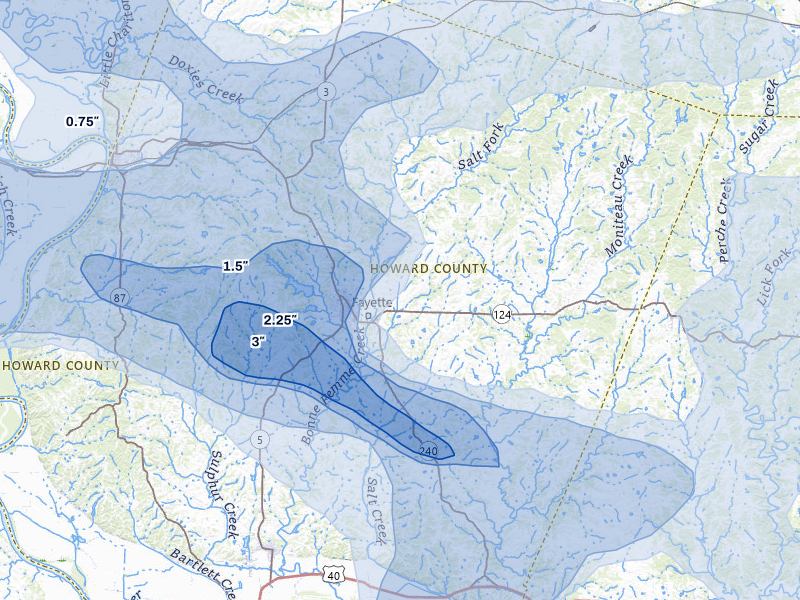 NEXRAD radar-signature map of the hail storm over Fayette, MO on May 31, 2026