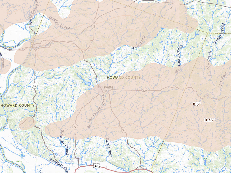 Radar-estimated hail-size map of the storm over Fayette, MO on Jun 11, 2026