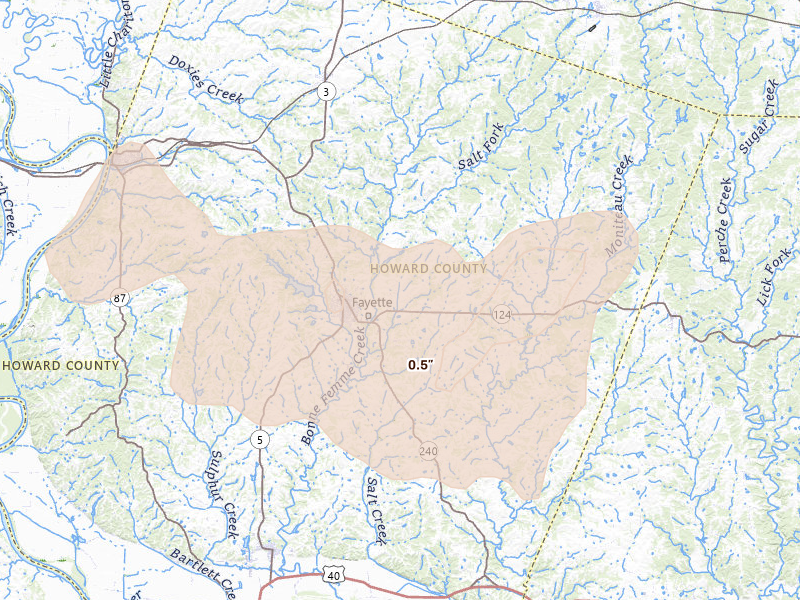 Radar-estimated hail-size map of the storm over Fayette, MO on Jul 10, 2026