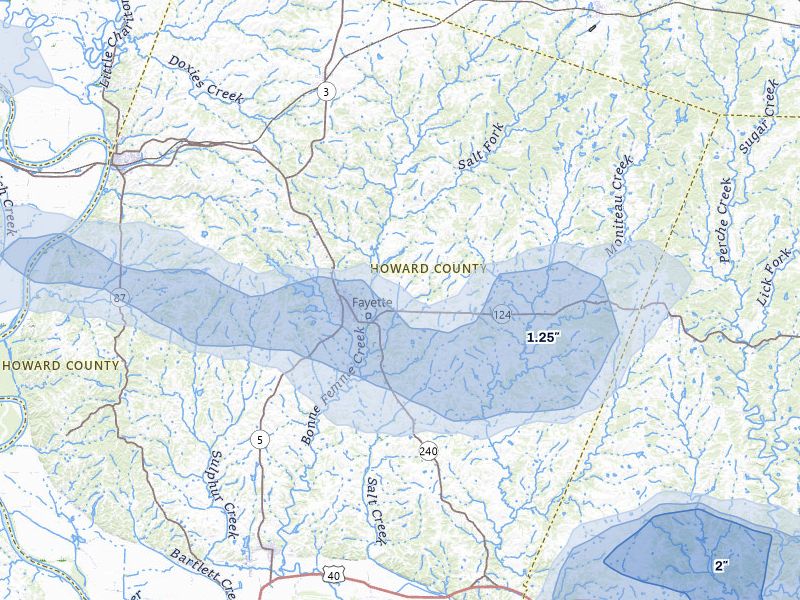 NEXRAD radar-signature map of the hail storm over Fayette, MO on Jul 10, 2026