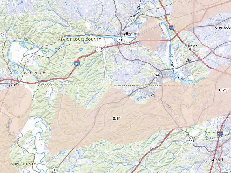 Radar-estimated hail-size map of the storm over Fenton, MO on Apr 26, 2026