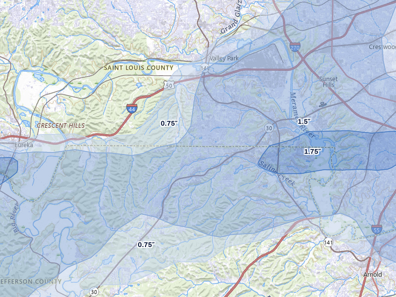 NEXRAD radar-signature map of the hail over Fenton, MO