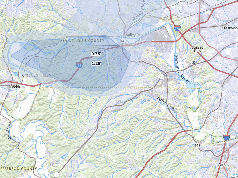 NEXRAD radar-signature map of the hail over Fenton, MO
