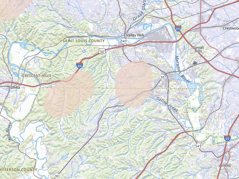 Radar-estimated hail-size map of the storm over Fenton, MO on Jul 4, 2026