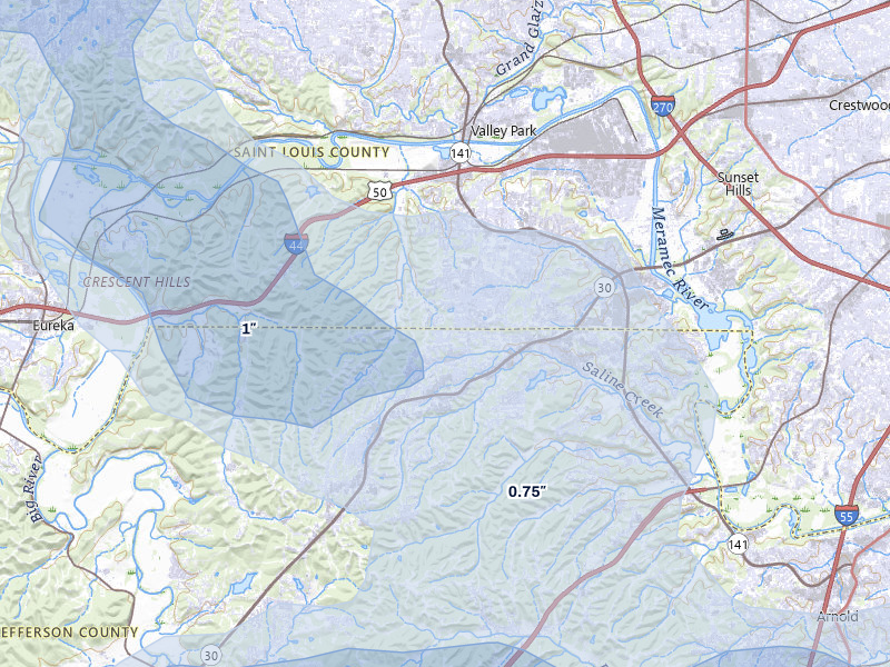NEXRAD radar-signature map of the hail over Fenton, MO