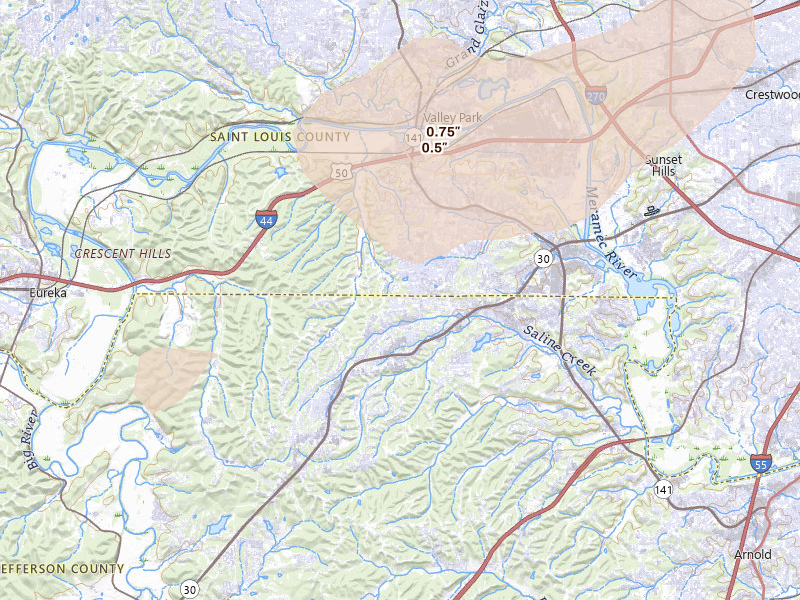 Radar-estimated hail-size map of the storm over Fenton, MO on Jul 10, 2026