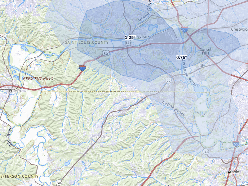 NEXRAD radar-signature map of the hail storm over Fenton, MO on Jul 10, 2026