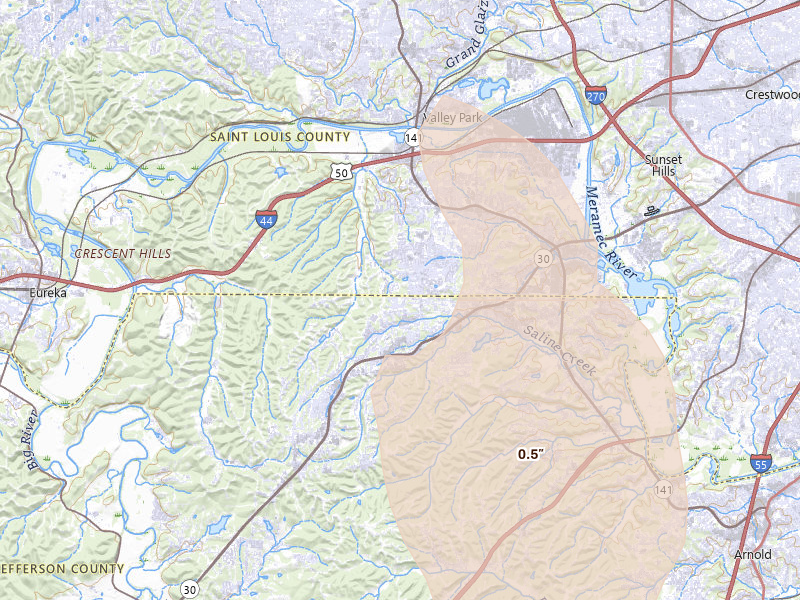 Radar-estimated hail-size map of the storm over Fenton, MO on Jul 27, 2026