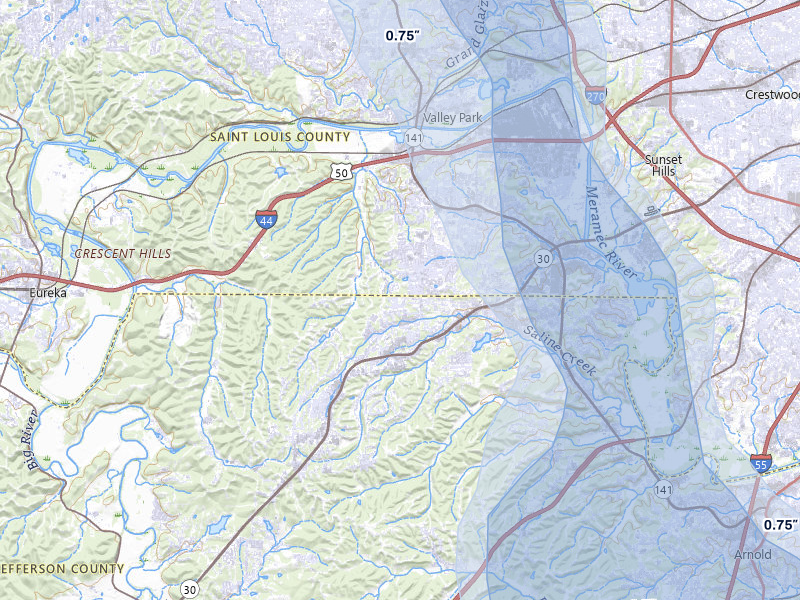 NEXRAD radar-signature map of the hail storm over Fenton, MO on Jul 27, 2026
