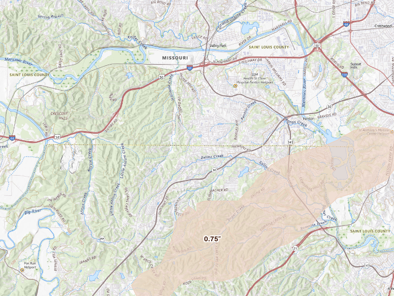 Radar-estimated hail-size map of the storm over Fenton, MO