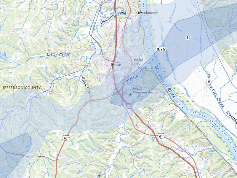 NEXRAD radar-signature map of the hail storm over Festus, MO on Mar 4, 2026