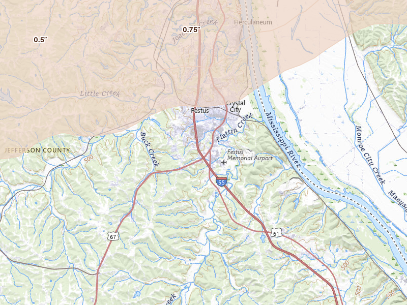 Radar-estimated hail-size map of the storm over Festus, MO on Apr 27, 2026