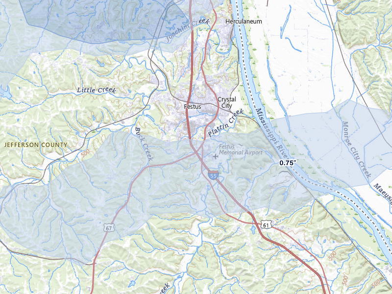 NEXRAD radar-signature map of the hail over Festus, MO