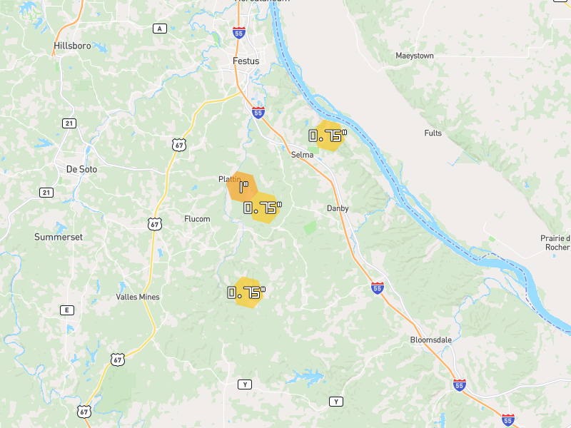 Hail map of Festus, MO on Jun 1, 2026, hail up to 1"