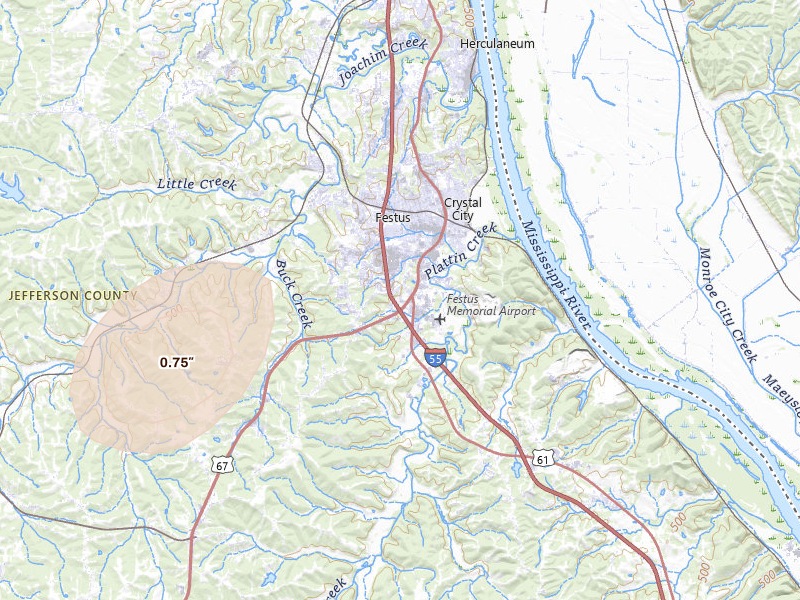 Radar-estimated hail-size map of the storm over Festus, MO on Jul 3, 2026