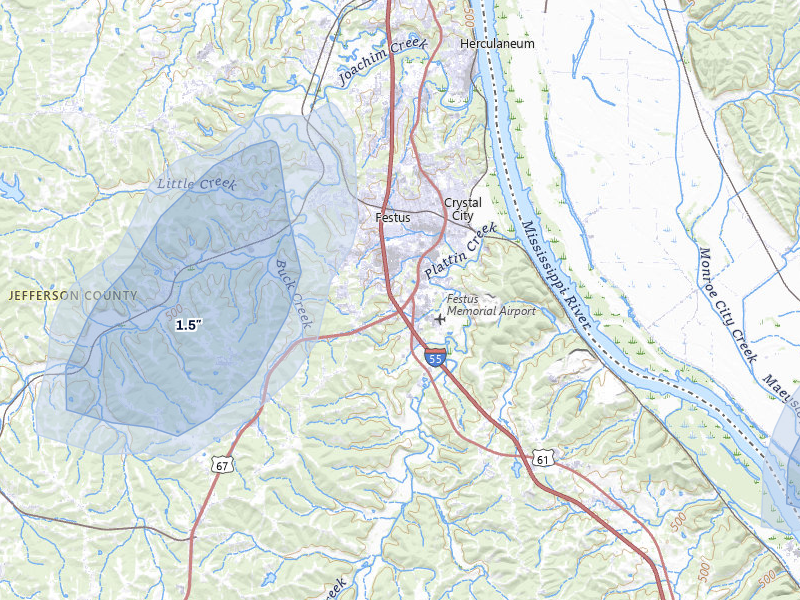 NEXRAD radar-signature map of the hail storm over Festus, MO on Jul 3, 2026