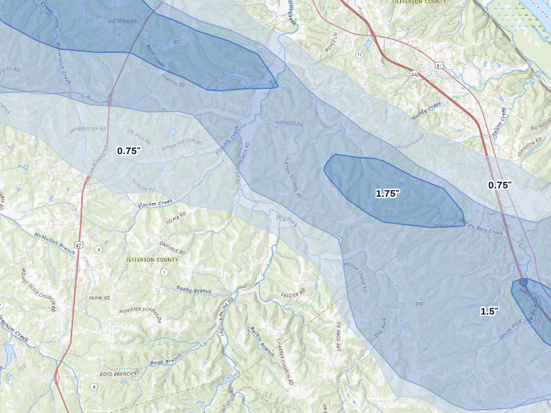 NEXRAD radar-signature map of the hail storm over Festus, MO on Aug 12, 2026