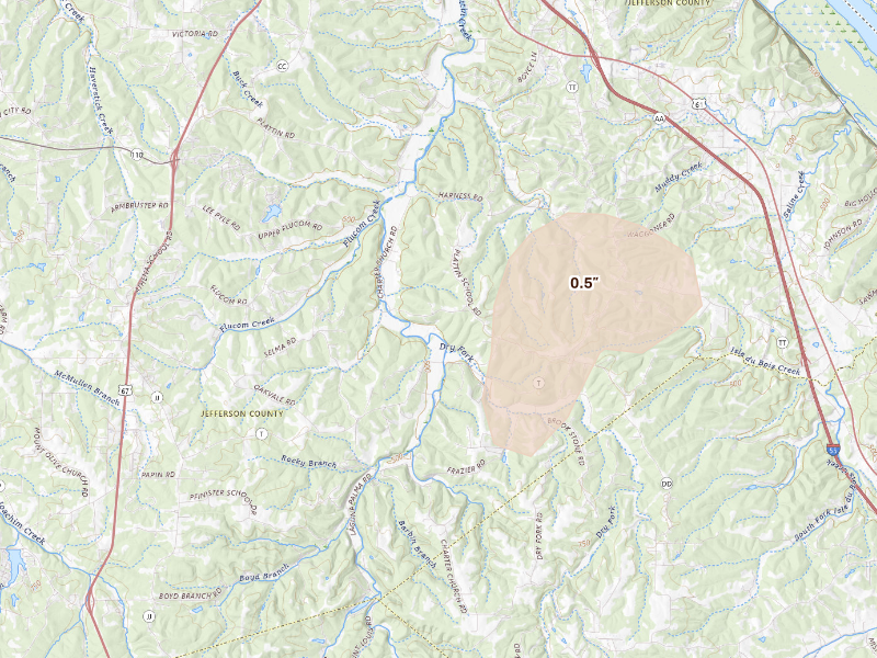 Radar-estimated hail-size map of the storm over Festus, MO on Sep 18, 2026