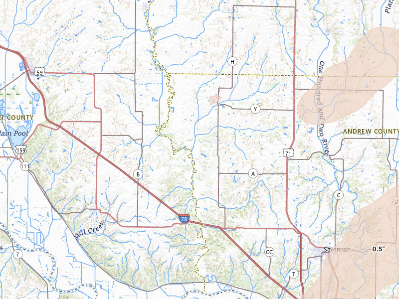 Radar-estimated hail-size map of the storm over Fillmore, MO on Apr 17, 2026