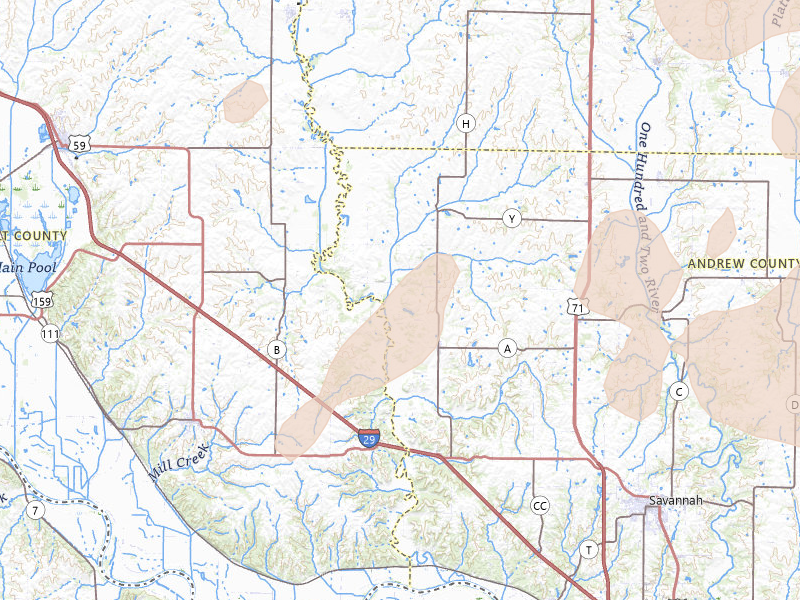 Radar-estimated hail-size map of the storm over Fillmore, MO on May 16, 2026