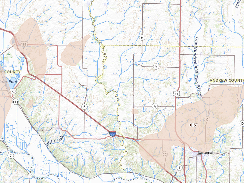 Radar-estimated hail-size map of the storm over Fillmore, MO on May 18, 2026