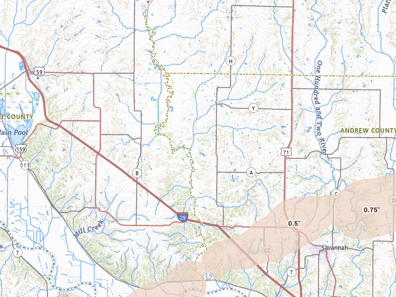 Radar-estimated hail-size map of the storm over Fillmore, MO on Jun 4, 2026