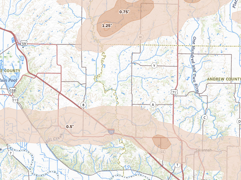 Radar-estimated hail-size map of the storm over Fillmore, MO on Jun 10, 2026