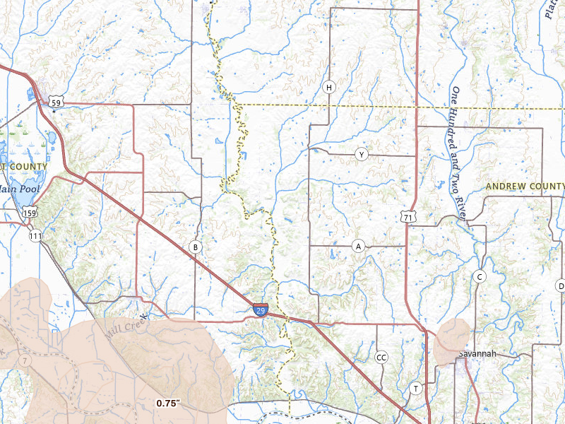 Radar-estimated hail-size map of the storm over Fillmore, MO on Jul 3, 2026