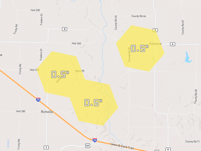 Hail map of Fillmore, MO on Jul 4, 2026, hail up to 0.5"