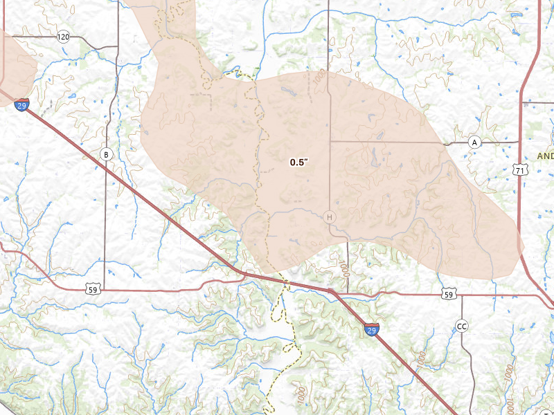 Radar-estimated hail-size map of the storm over Fillmore, MO on Aug 19, 2026