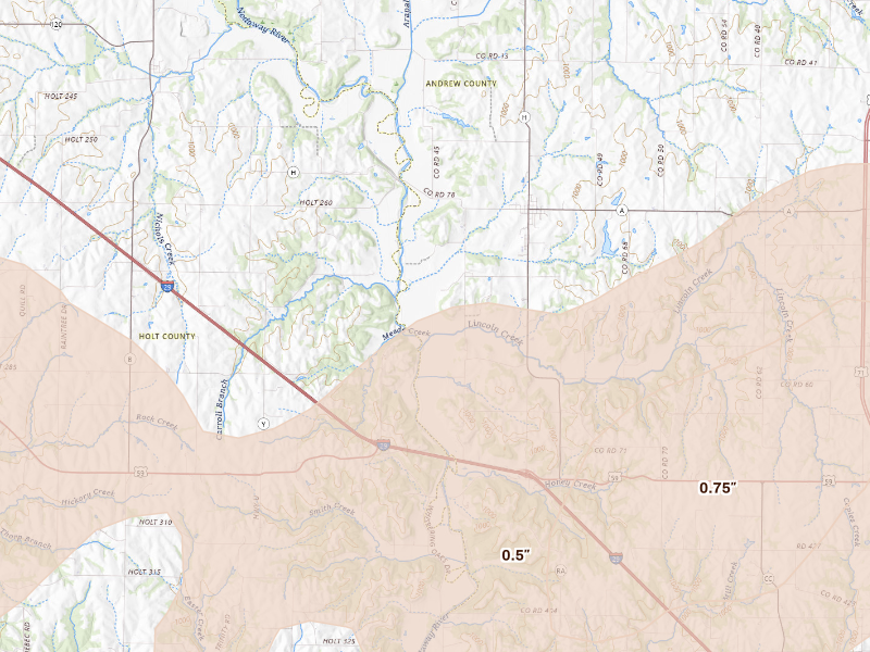 Radar-estimated hail-size map of the storm over Fillmore, MO