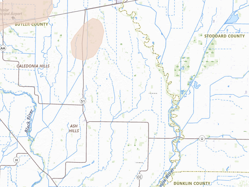 Radar-estimated hail-size map of the storm over Fisk, MO on Apr 16, 2026