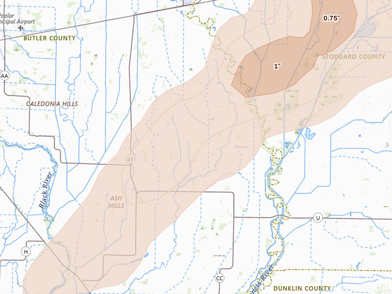 Radar-estimated hail-size map of the storm over Fisk, MO on Apr 26, 2026