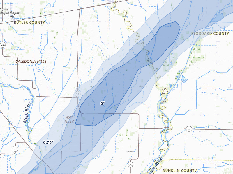 NEXRAD radar-signature map of the hail over Fisk, MO