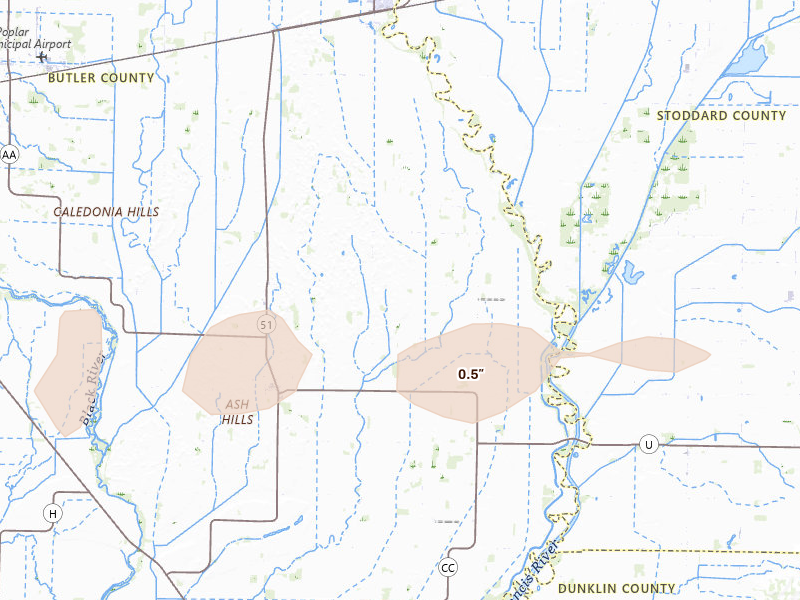 Radar-estimated hail-size map of the storm over Fisk, MO on Apr 27, 2026