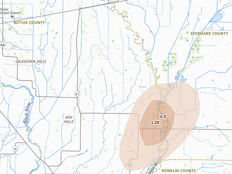 Radar-estimated hail-size map of the storm over Fisk, MO on Jul 4, 2026