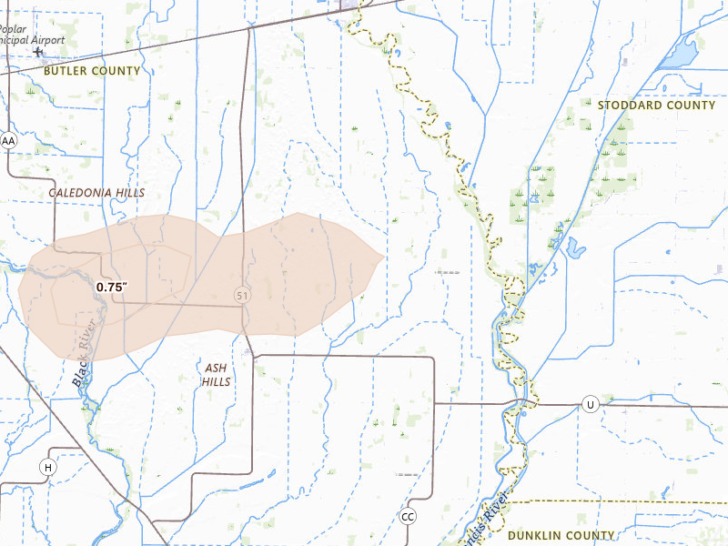 Radar-estimated hail-size map of the storm over Fisk, MO on Aug 19, 2026