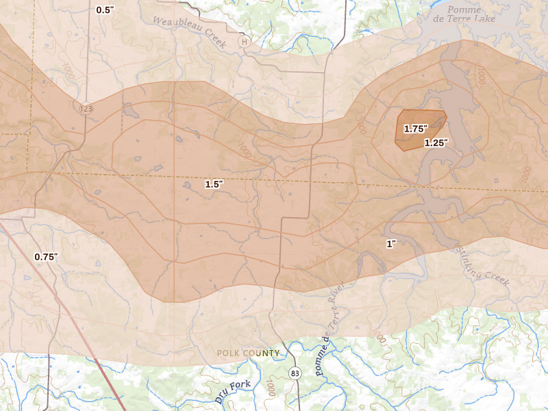 Radar-estimated hail-size map of the storm over Flemington, MO on Apr 26, 2026