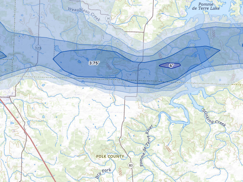 NEXRAD radar-signature map of the hail over Flemington, MO