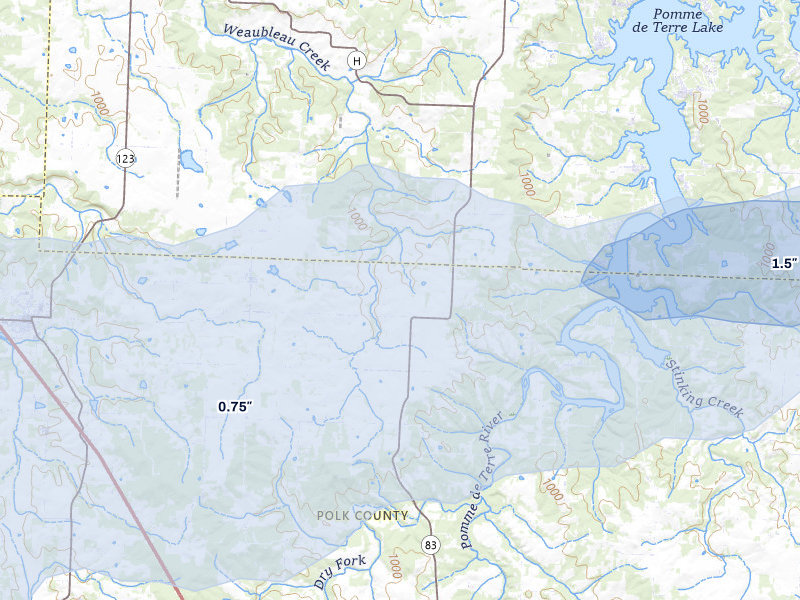 NEXRAD radar-signature map of the hail storm over Flemington, MO on Apr 28, 2026