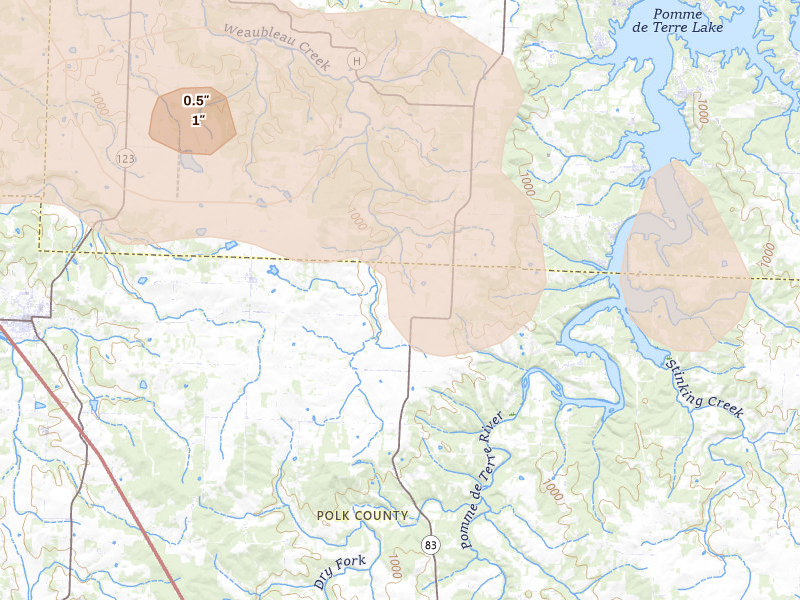 Radar-estimated hail-size map of the storm over Flemington, MO on Jun 17, 2026