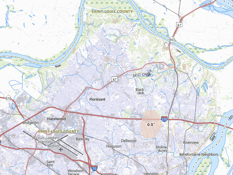 Radar-estimated hail-size map of the storm over Florissant, MO on Mar 15, 2026