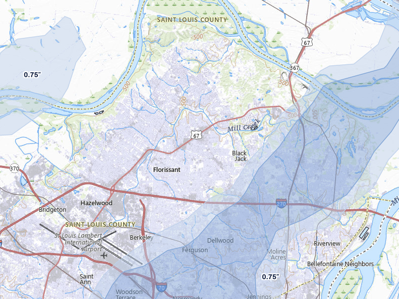 NEXRAD radar-signature map of the hail over Florissant, MO