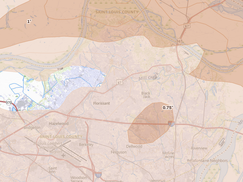 Radar-estimated hail-size map of the storm over Florissant, MO on Apr 27, 2026