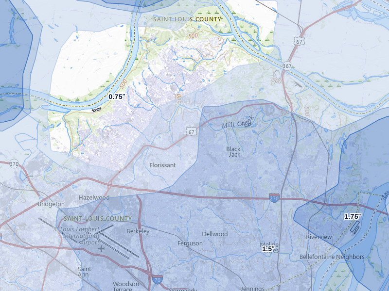 NEXRAD radar-signature map of the hail over Florissant, MO