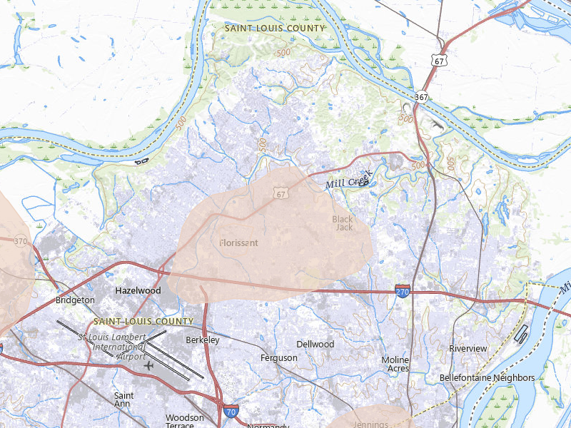 Radar-estimated hail-size map of the storm over Florissant, MO on Jul 4, 2026