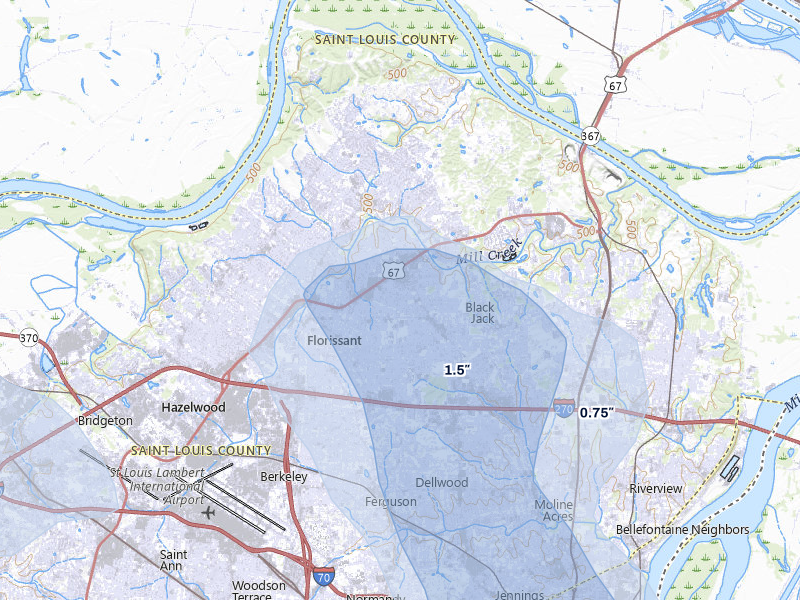 NEXRAD radar-signature map of the hail over Florissant, MO