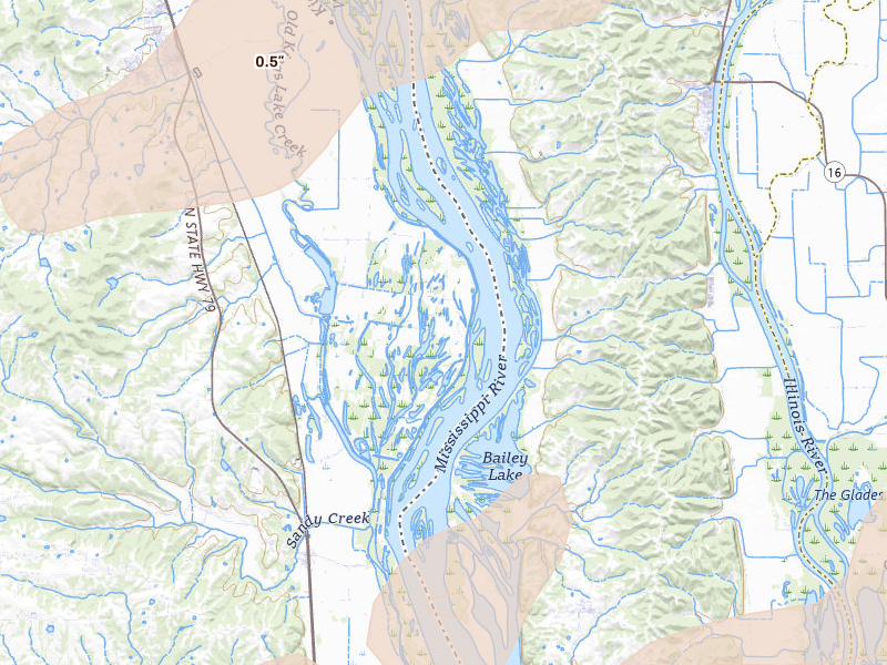 Radar-estimated hail-size map of the storm over Foley, MO on Apr 27, 2026