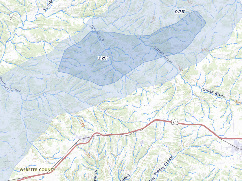 NEXRAD radar-signature map of the hail storm over Fordland, MO on Mar 4, 2026