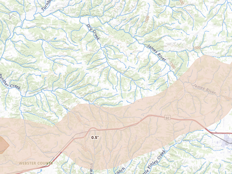 Radar-estimated hail-size map of the storm over Fordland, MO on Apr 27, 2026